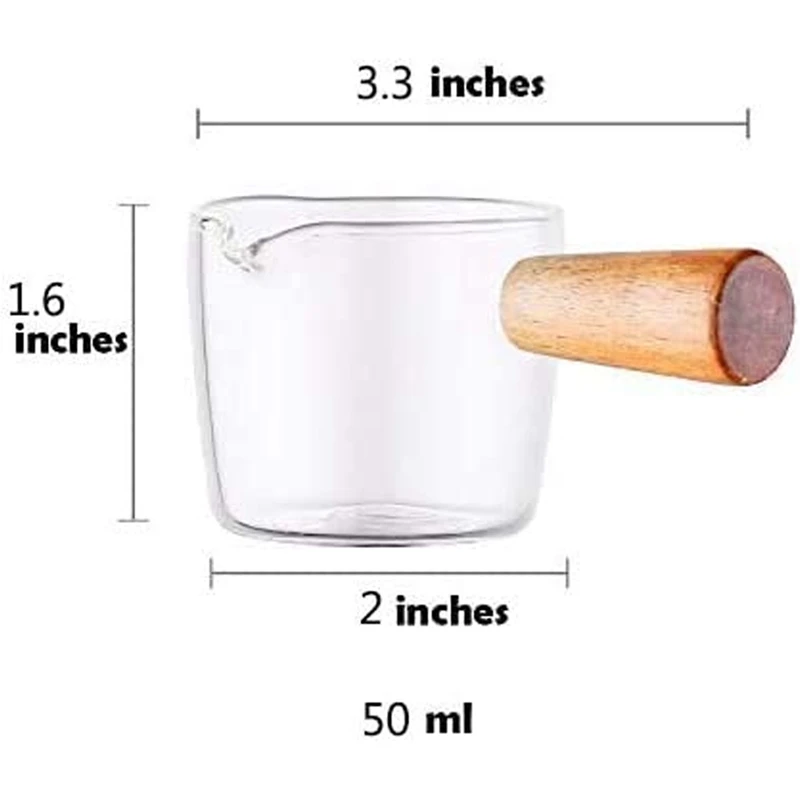 2PCS Transparent Glass Creamer with Wooden Handle, Mini Coffee Milk Creamer Pitcher. 50Ml