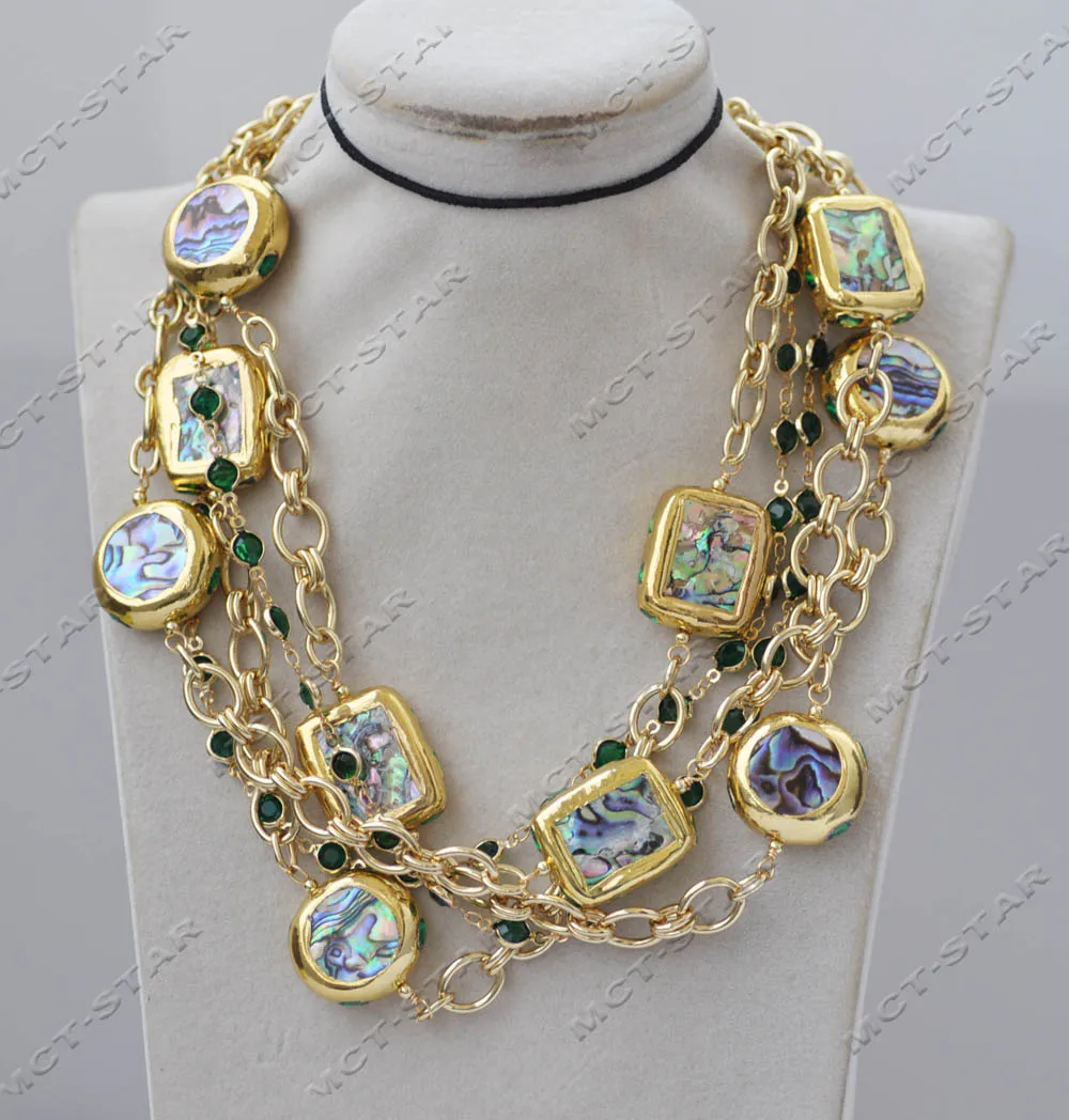 

MTC·STAR Z13261 5Row 19" 28mm Golden Coin Square Peacock Abalone Shell Gold-Plated Chain CZ Necklace Custom Jewelry