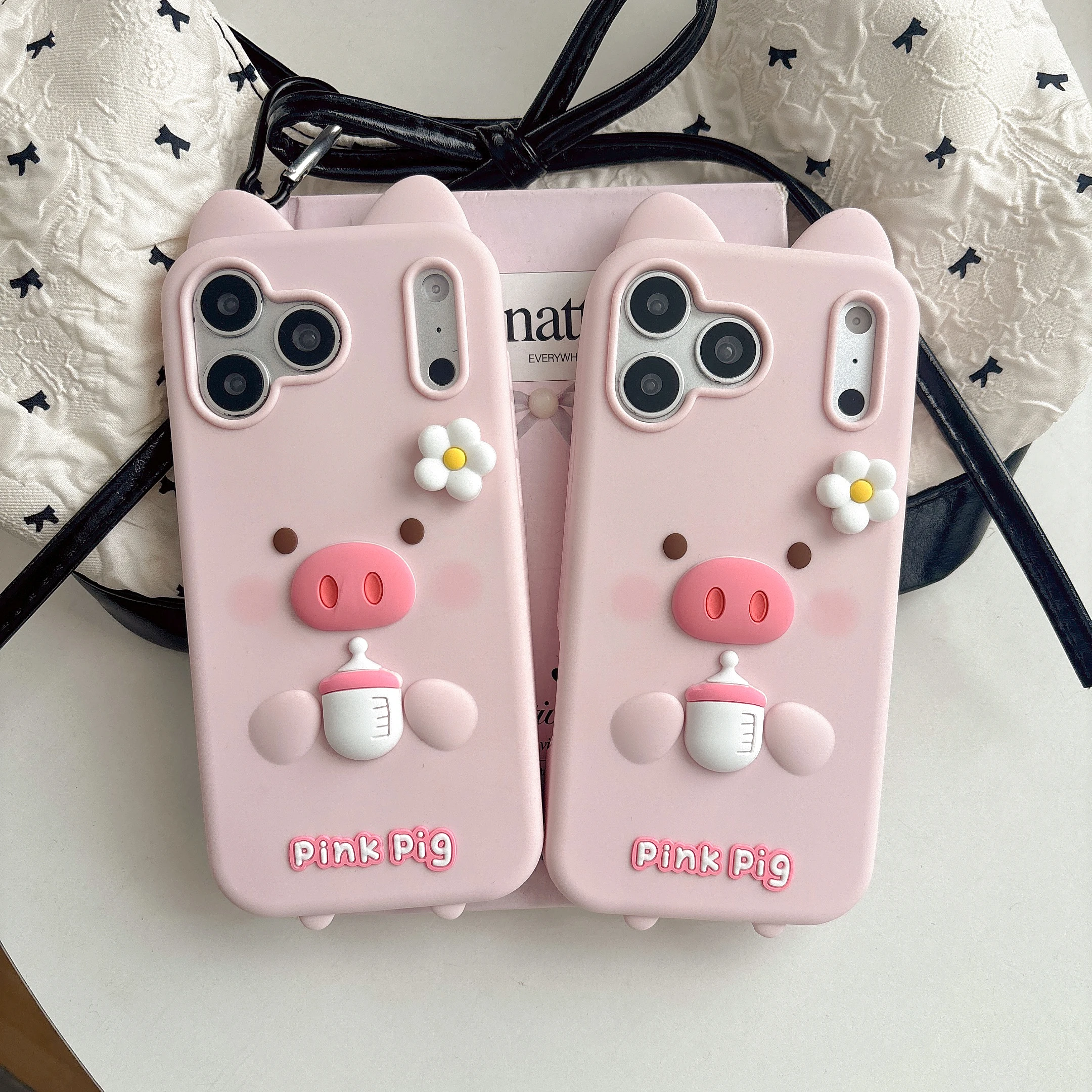 3D Cartoon Pig Silicone Phone Case For 12ProMax 13 14 15 16 17 Pro  Pro Max Plus  Cute Pink Cartoon Soft Shockproof Cover
