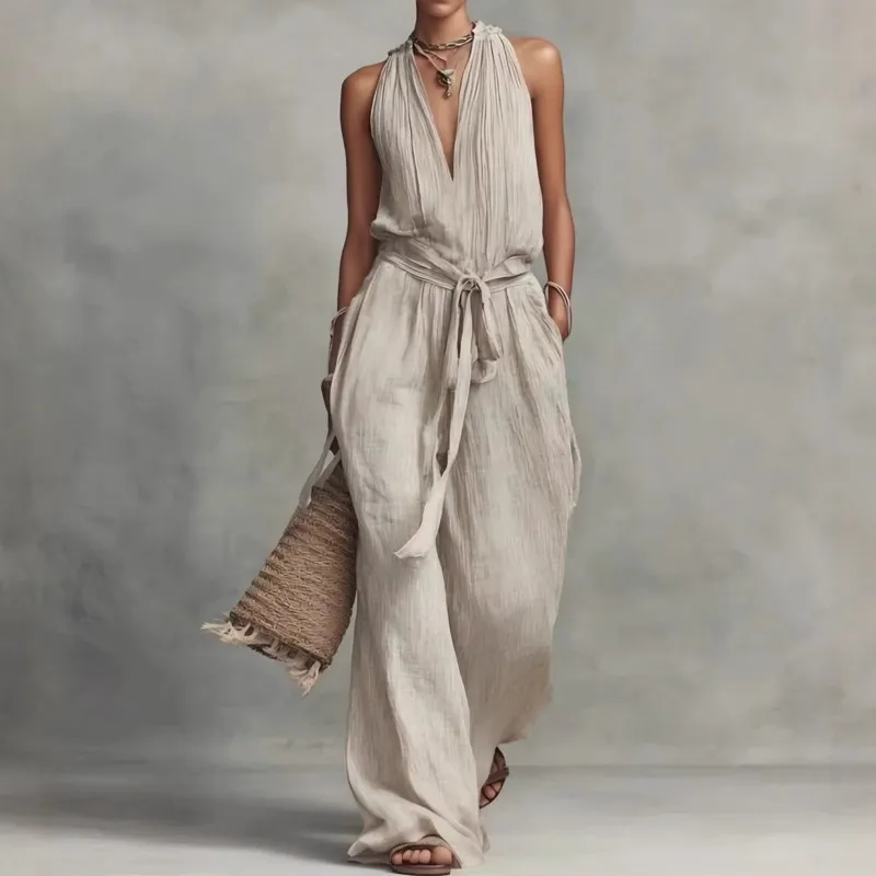 

2026 New Women's Jumpsuit Sleeveless Casual Solid Color Loose Daily Versatile Temperament Waist Strap Simple Jumpsuit Pants