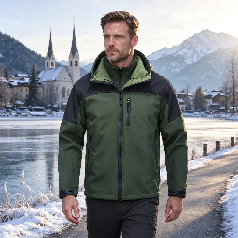 Thick Fleece Lined Mens Tactical Hooded Softshell Jacket Windproof Multi Pockets Outdoor Winter Coat for Hiking Hunting Fishing