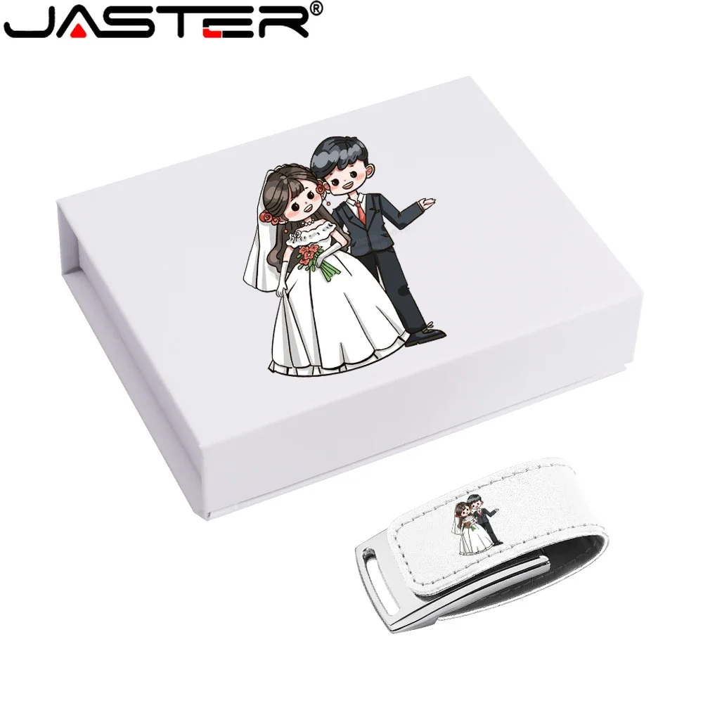 JASTER White Shell Leather USB 2.0 Flash Drive Free Printing Colorful Logo 128GB Pen Drive 64GB  Memory Stick Wedding Gift Box