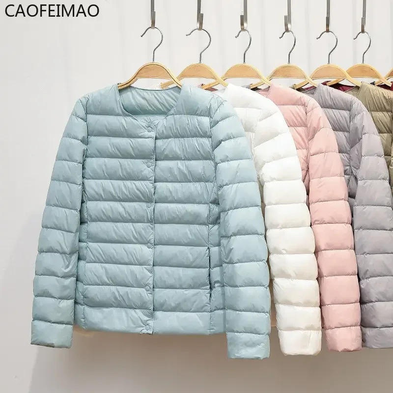 Doublure en duvet de canard pour femme, col rond, col en V variable, garde au chaud, manteau matelassé ultraléger, sans col, femme, hiver, nouveau, 2023