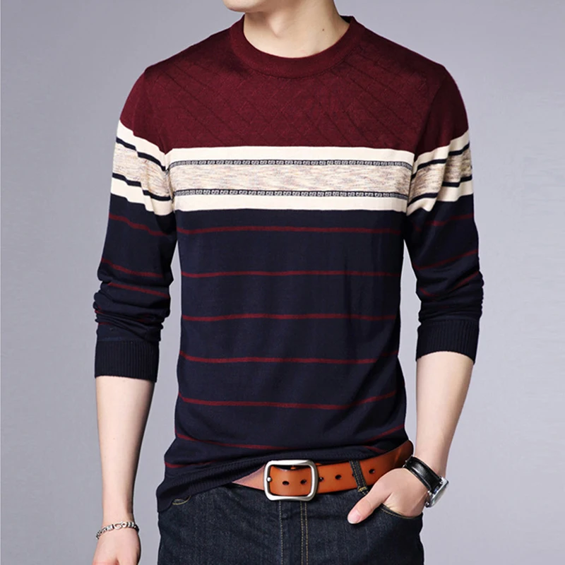 Men\'s Casual Striped Knit Spring and Autumn Long Sleeved Pullover Fashion Top