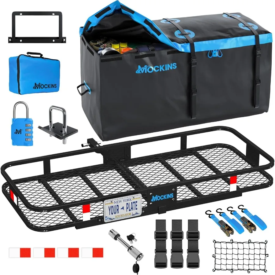 

60x24x6 Folding Trailer Hitch Cargo Carrier with 25 CuFt Soft Vinyl Waterproof Cargo Bag for Hitch Carrier 500 Lbs Capacity Set