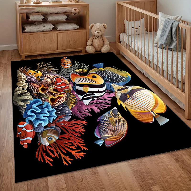 Alfombra Grande con Diseño de Peces Tropicales y Corales Vibrantes - Alfombra Antideslizante con Vida Marina sobre Fondo Negro para Entradas, Habitaciones Infantiles y Salas de Estar