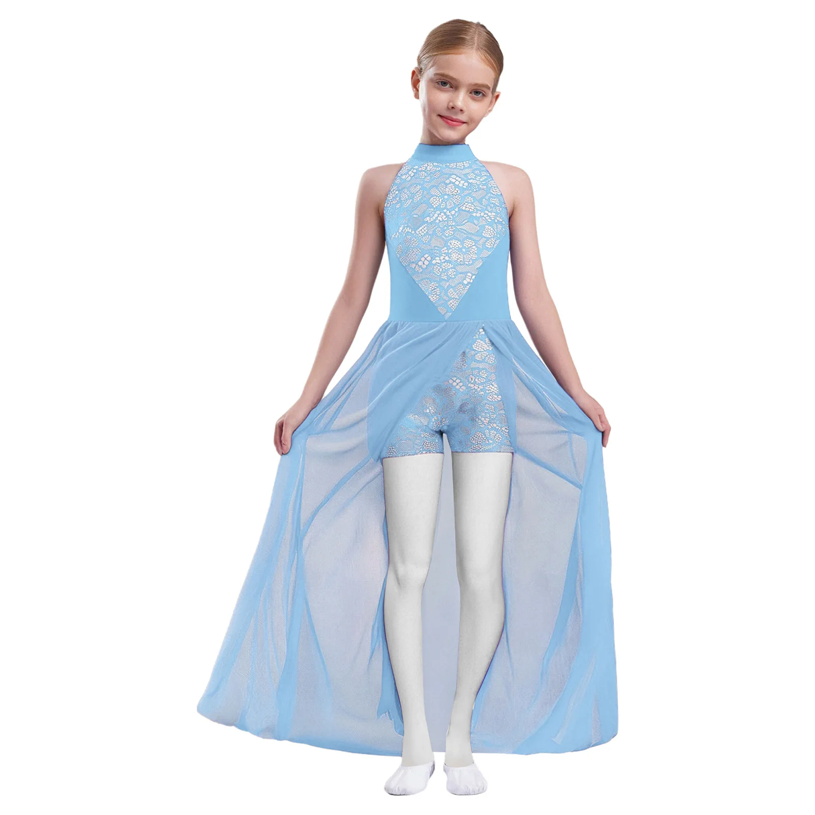 Kids Girls Lace Flower Modern Lyrical Dance Dress Halter Sleeveless Flowy Mesh Overlay Leotard Jumpsuit for Dance Competitions