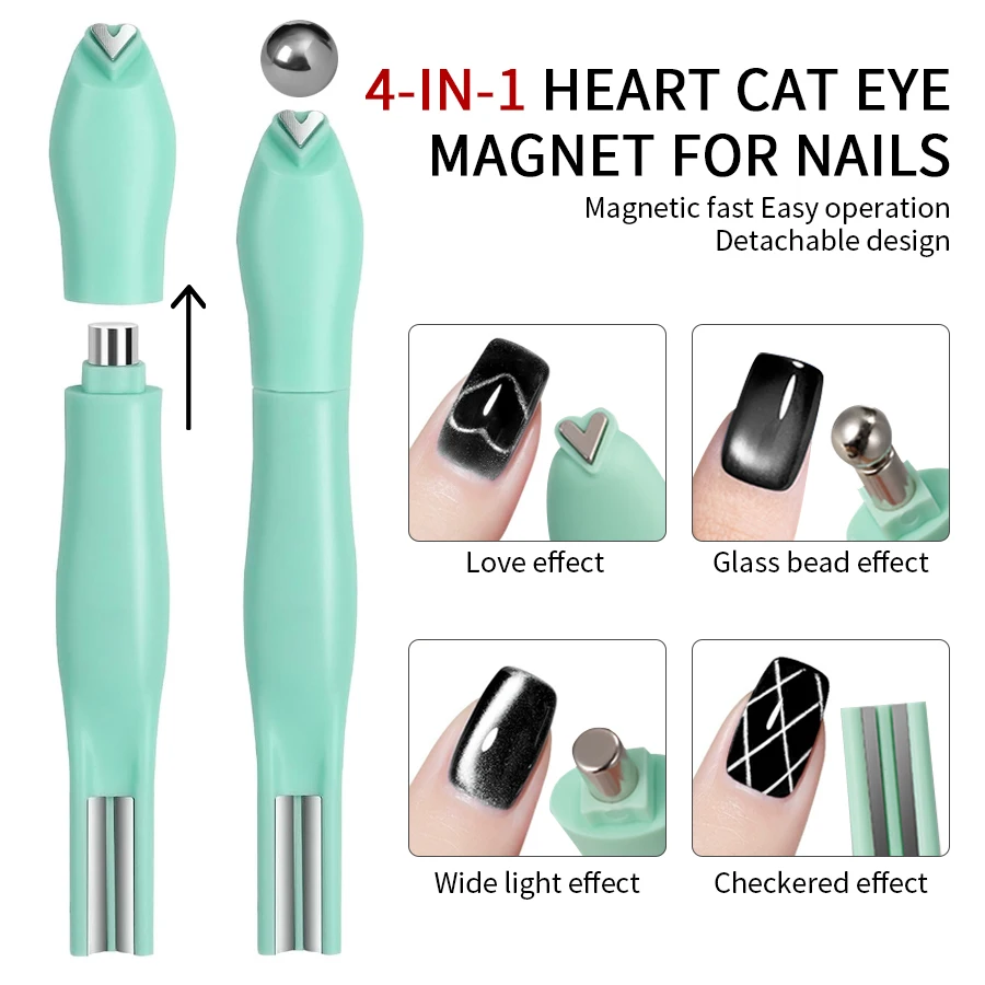 RSNAIL 4 in 1 Cat Eye Nail Magnet 3D Love Heart Nail Magnet Tool Green Multifunctional Nail Magnetic Stick for DIY Gel Polishing