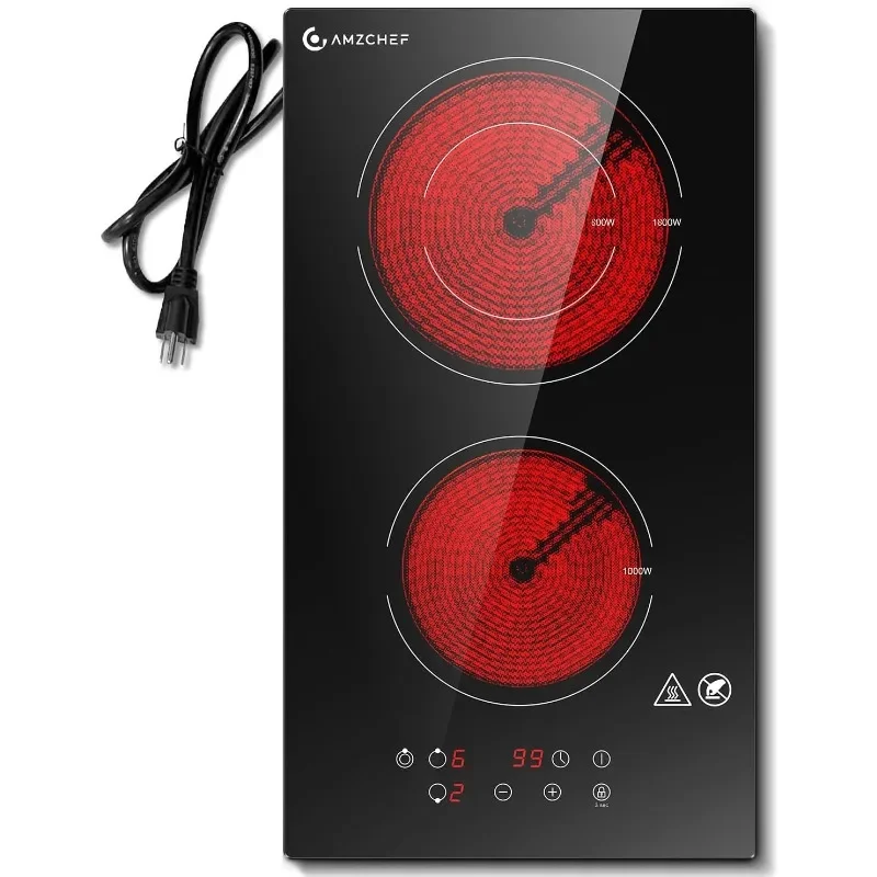 AMZCHEF 2 Burner Electric Cooktop 12 Inch, Domino Electric Stove Top 120v Plug Ceramic Cooktop with 1800W 9 Power Levels