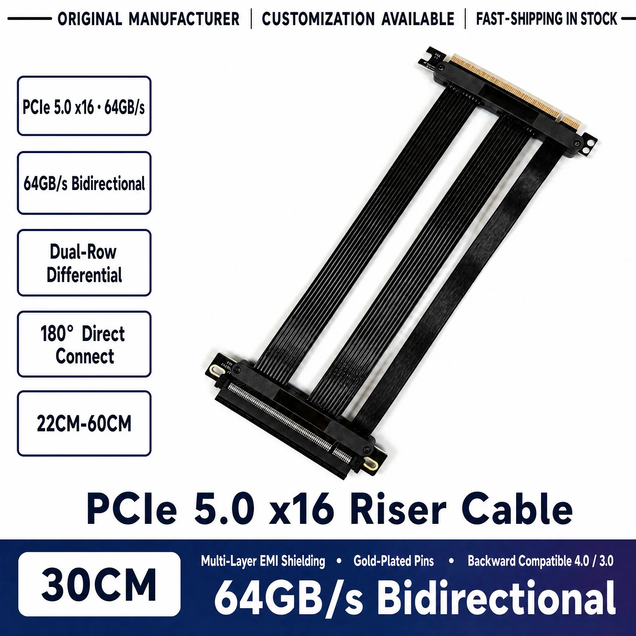 PCIe 5.0 X16 180° Riser Cable Dual Row GPU Extension Cable 64GB/s Full Speed EMI Shielded for 30 cm Graphics Card Vertical Mount