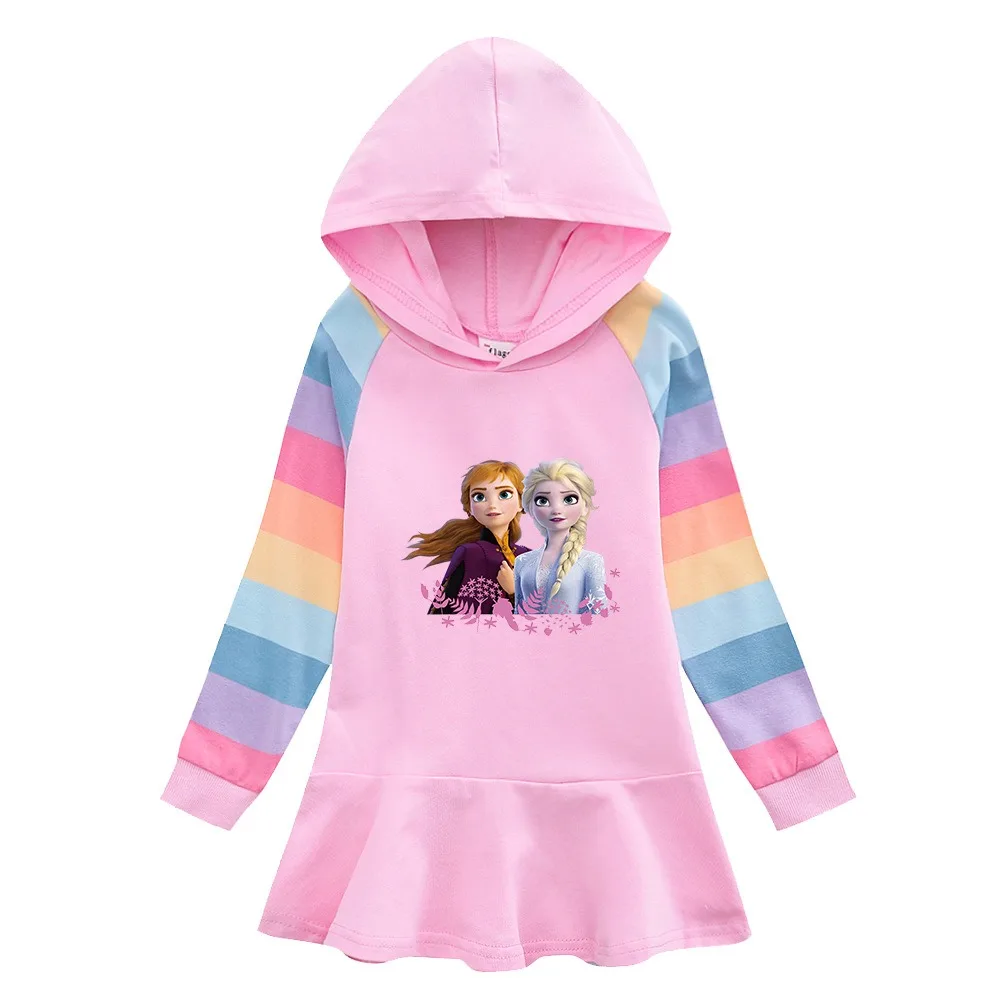 2024 New Disney Quality Cotton Girls Dress Frozen Elsa Anna Autumn Clothing for Children Pink Long Sleeve Kids Clothes Hooded