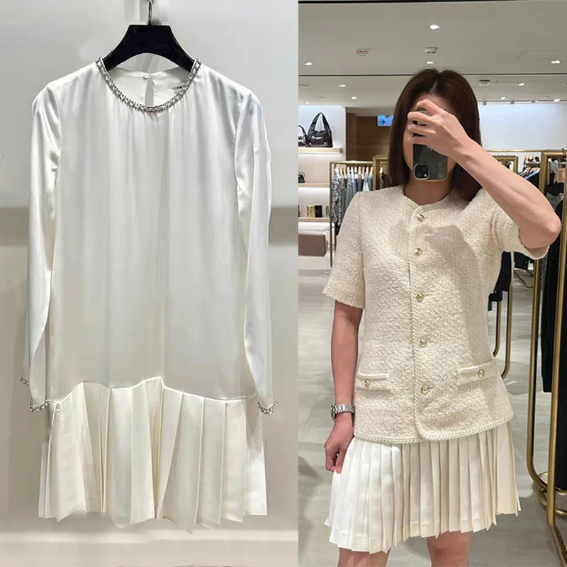 

Autumn 2024 Women Diamonds Trim O-Neck Long Sleeve White Dress or Tweed Fake Two Pieces Single Breasted Short Sleeve Mini Robe