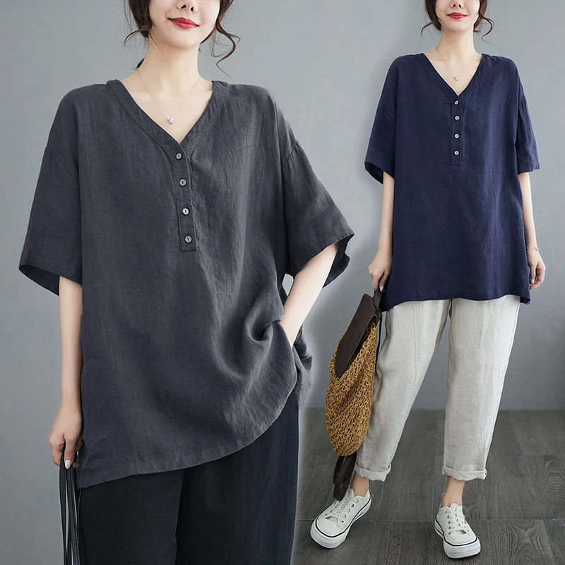 

Loose Fit V-Neck Cotton Linen Shirt Women's Summer New Style Simple Color Short Sleeve Korean Version Casual Shirt
