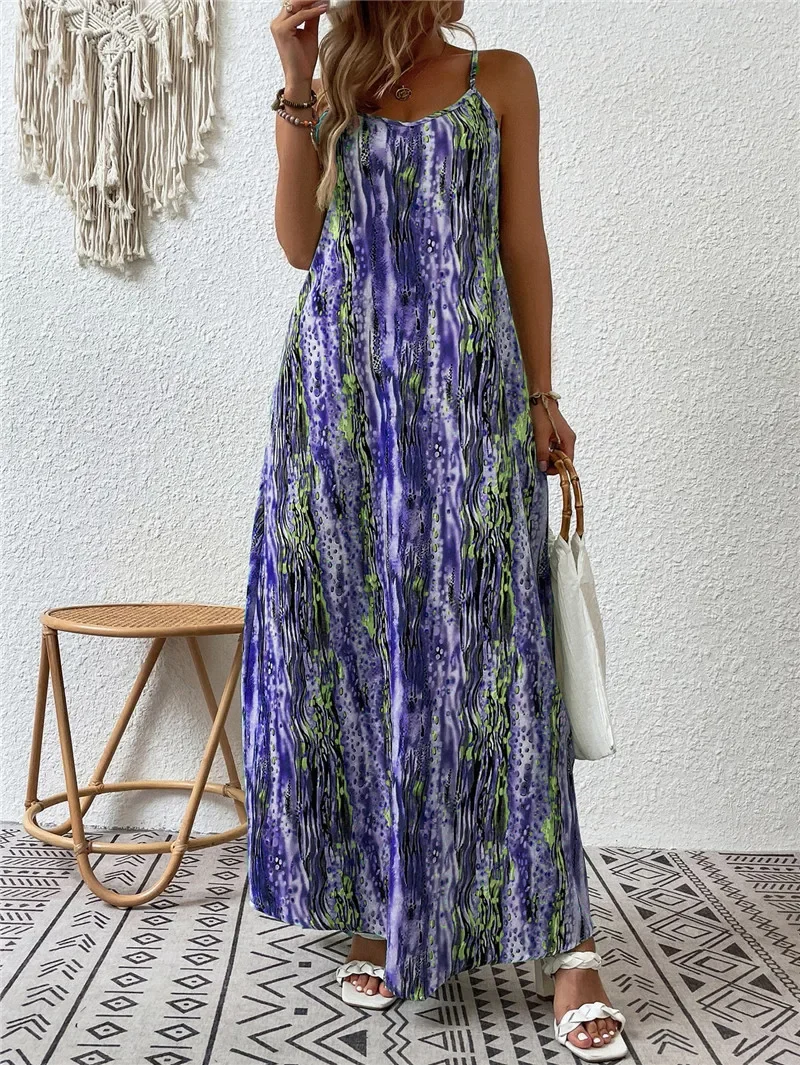 

2024 Spring Women's Slip Dress Print A-line U-neck Sleeveless Long Dresses Female New Loose Elegant Casual Beach Clothes Ladies