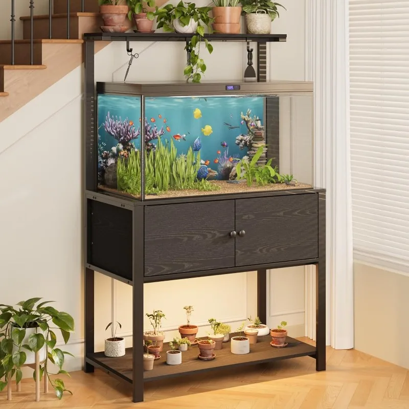 40-50 Gallon Fish Tank Stand with LED Light Power Outlets,Heavy Duty Metal Aquarium Stand