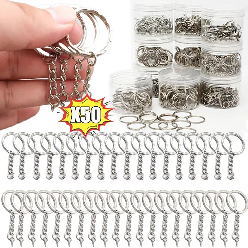 50pcs Metal Blank Keyring Keychain Split Rings DIY Keyfob Key Rings Lobster Clasp Key Pendant Chains Keychains Buckles Carabiner