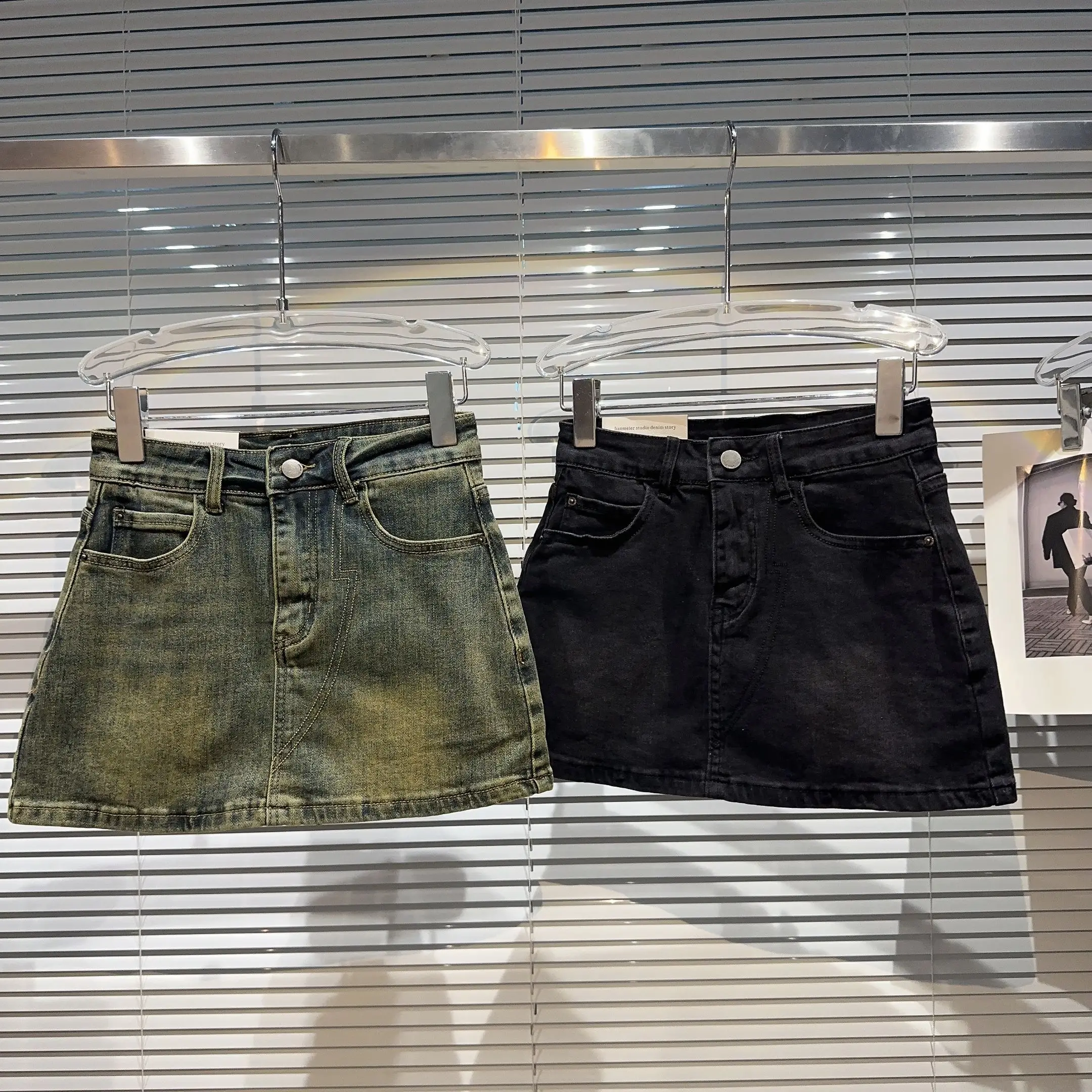 

Faionable ort Denim Skirt Women's mid Waist A-Line Skirt Casual Sle ket Detail Bodycon Skirt Waed out Effect