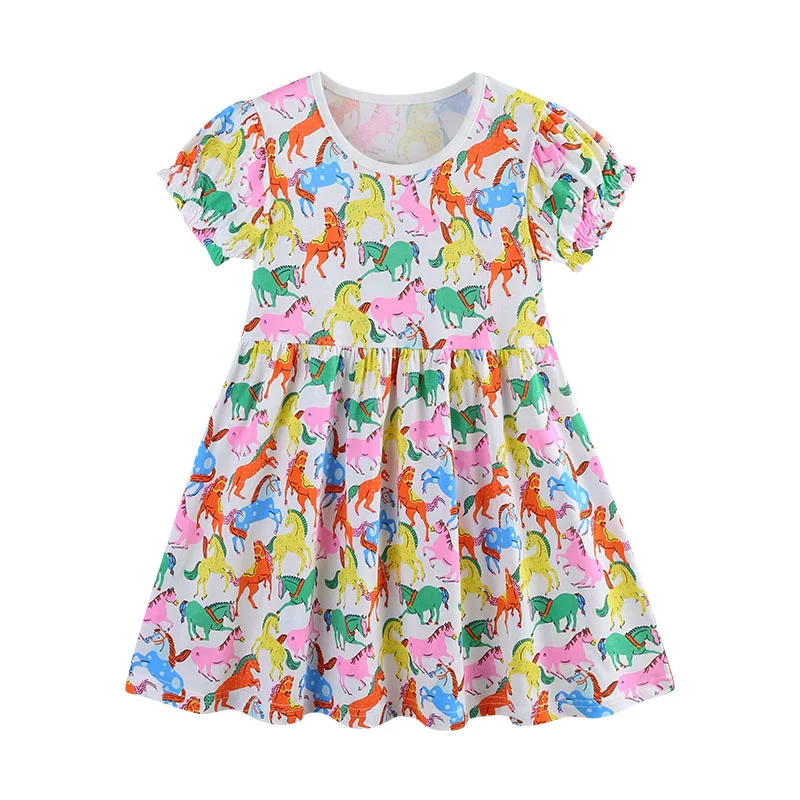 2026 New Summer Horses Print Princess Dress for Girls 2-7T Toddler Short Sleeve Party Frocks Children's New Arrival Baby Dresses