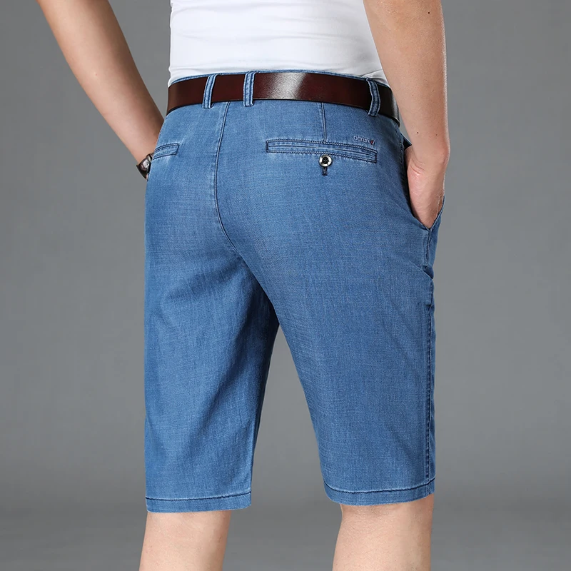 Letnie męskie spodnie do kolan marki męskie czarne elastyczne spodenki jeansowe klasyczne Business Casual Stretch proste dżinsy — zdjęcie 3