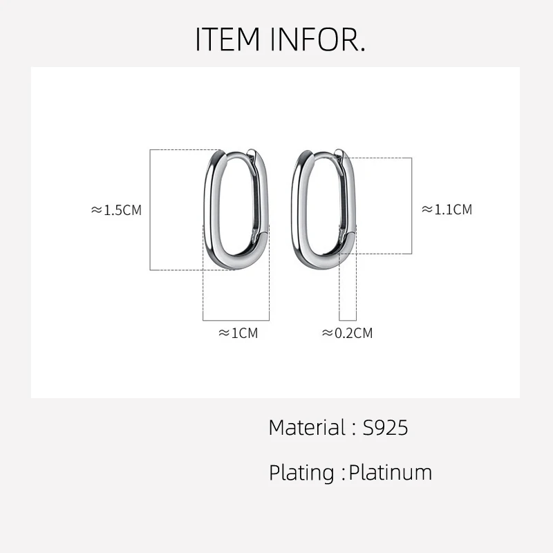 1.5cm 925 Silver Woman Earring Mid Thin Square 925 Silver Hoop Earrings For Women Female Girls Lady Commuter Oval Elegant