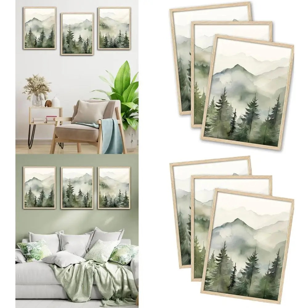 

Настенное искусство в рамке из трех предметов Sage Green Mountain, 12x16 дюймов, сосновый лес из дуба, минималистичный природный декор для дома