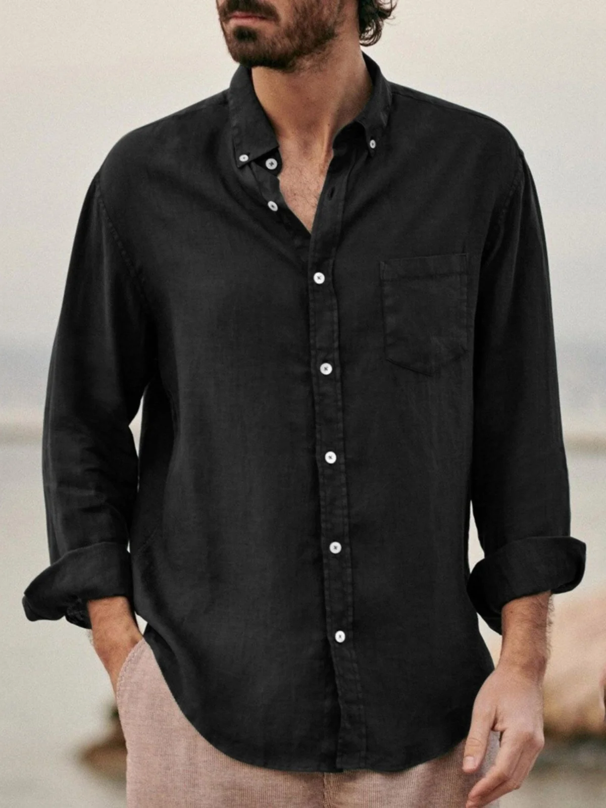 

Retro Cotton Linen Men's irt Breathable Loose Long Sve Sun Protection Open Cardigan Linen Crease Casual Workwear irt T...