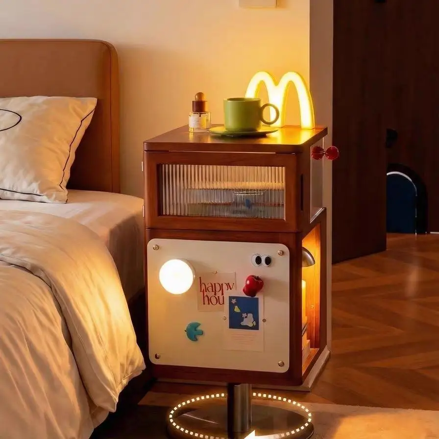 

Solid wood bedside table, shelf, household mobile edge few, integrated record player cabinet with desk lamp