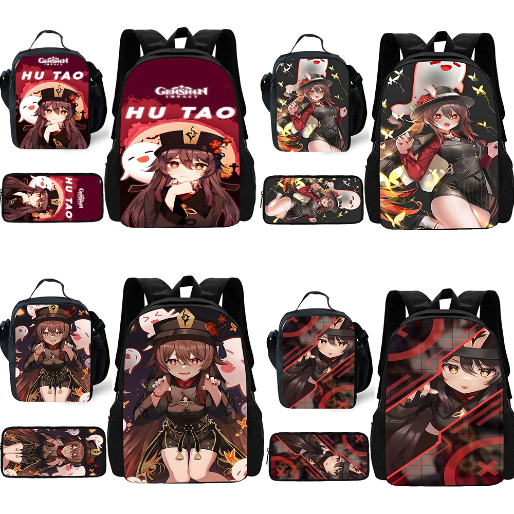 Mochila escolar Genshin Impact para crianças, lancheiras, sacos de lápis, meninos e meninas, melhor presente, Hu Tao, 3 pcs por conjunto