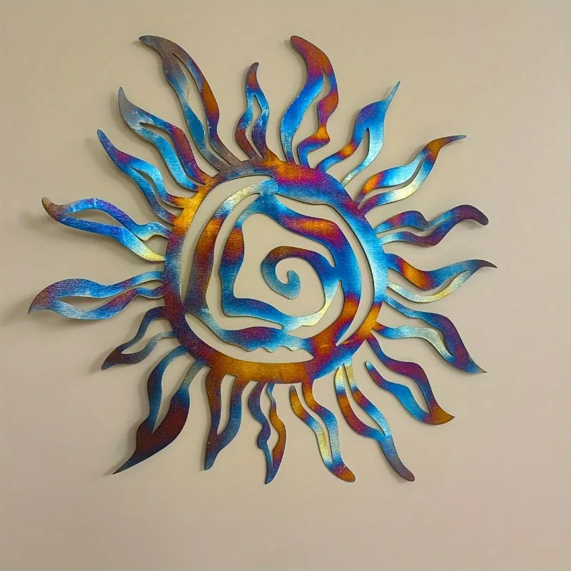 CIFBUY Wrought Iron Sun Wall Art, Handmade Blue Flame Design, Rustic Powder Coated Metal Decor for Indoor Outdoor Garden Patio H