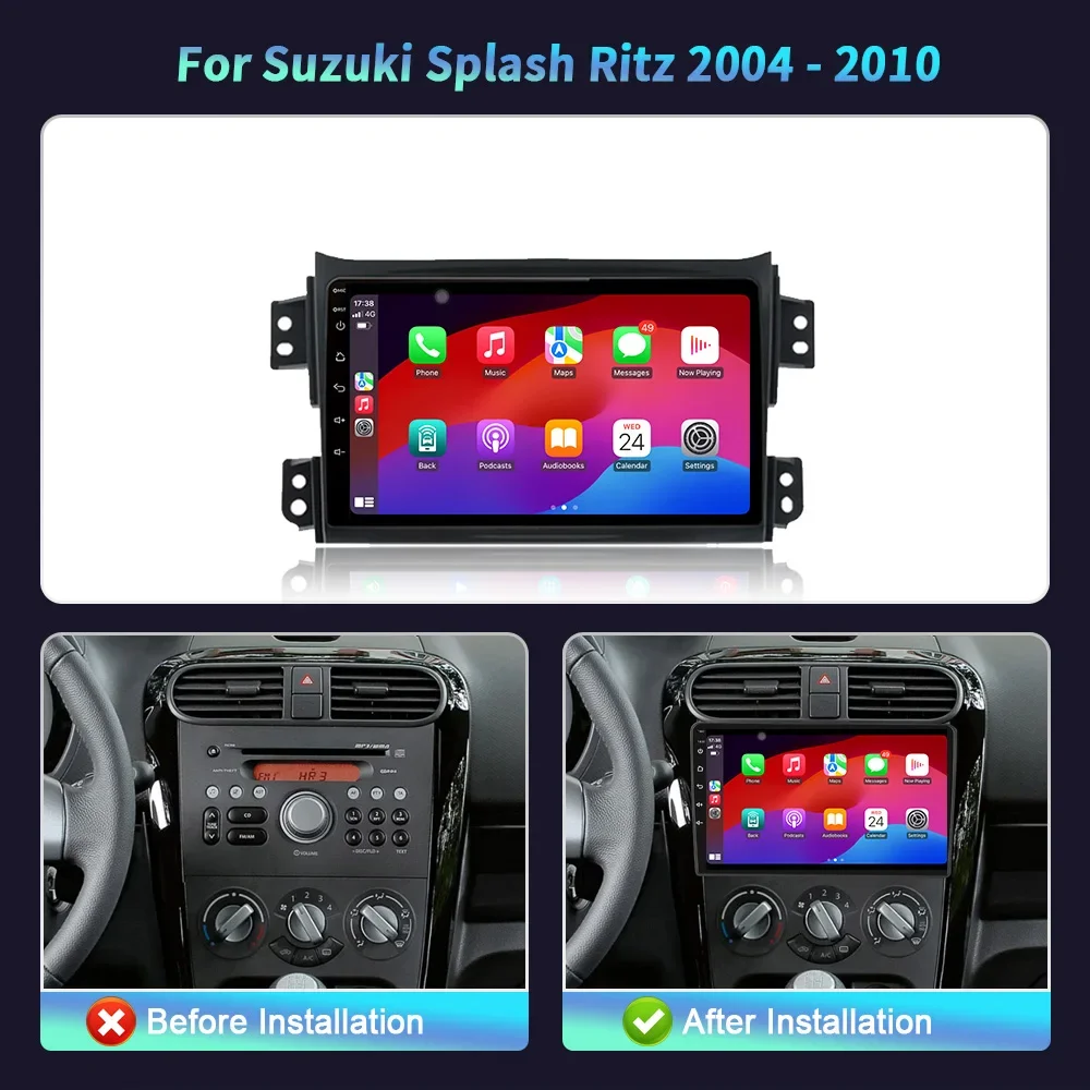 Car Radio Multimedia GPS For For Suzuki Splash Ritz 2008-2012 For Opel Agila 2008-2014 Android 14 Wireless CarPlay Screen Stereo