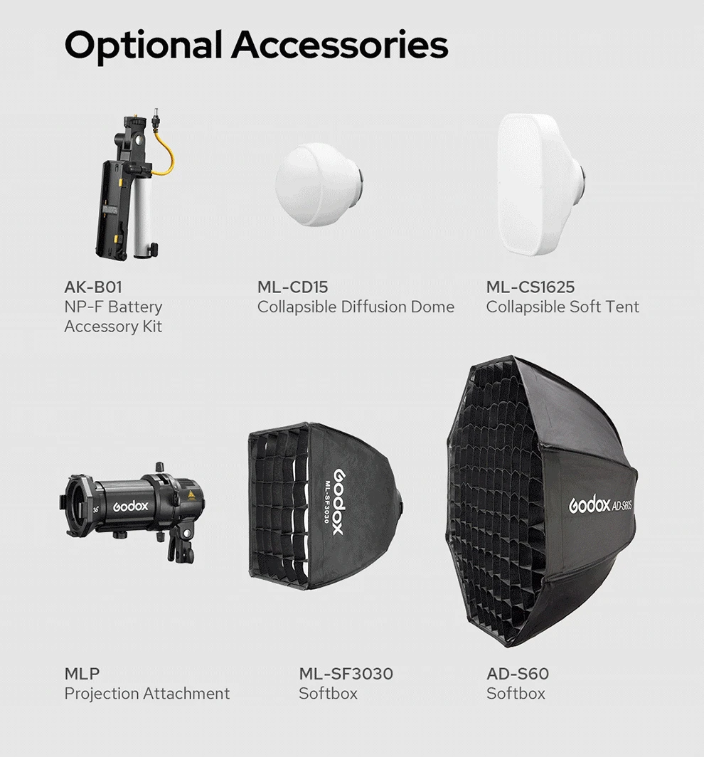 GODOX ML-CD15 Diffusion Dome ML-CS1625 Soft Tent ML-SF3030 AD-S60S Softbox AK-B01 MLP Spotlight Mount for ML60II Bi Accessories