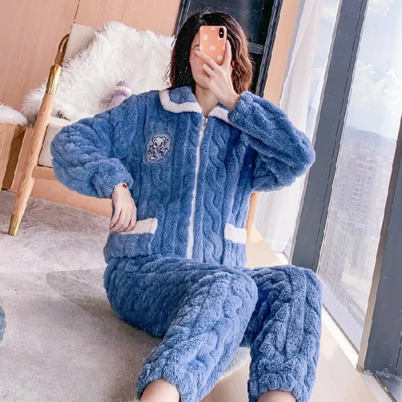5XL плюс размер пижамы из кораллового флиса женские зимние утолщенные теплые пижамы пальто на молнии брюки наряды корейская уютная домашняя одежда