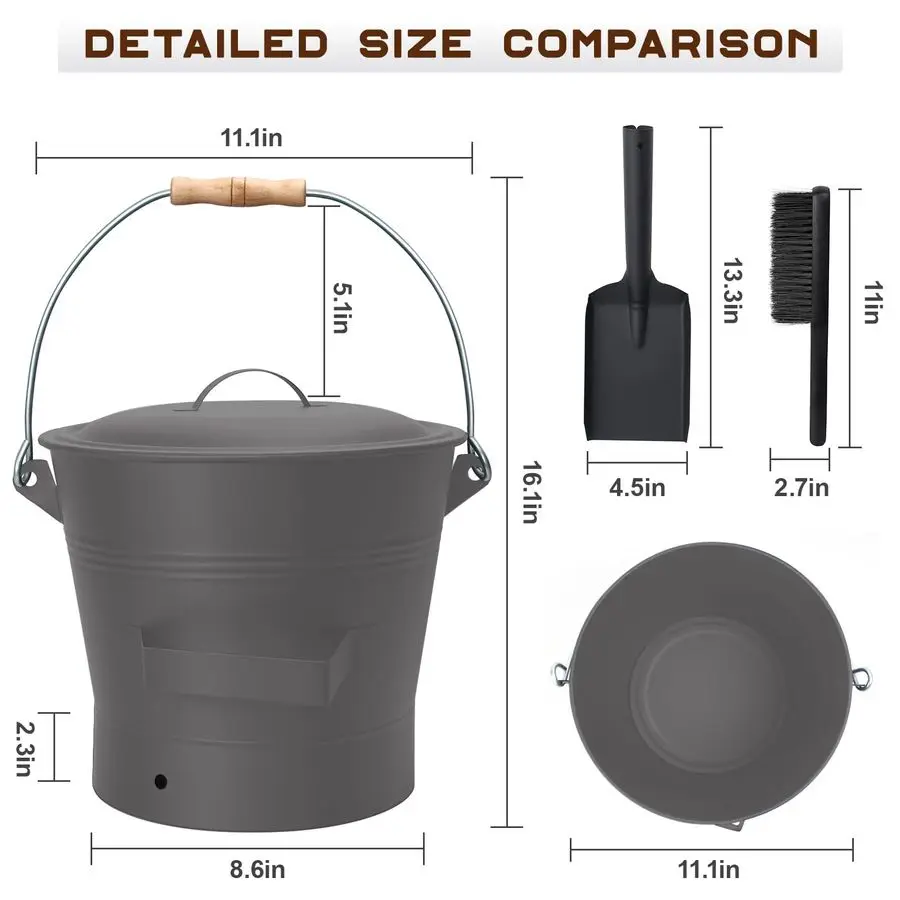 دلو رماد بغطاء، دلو رماد للمدفأة سعة 2.6 جالون مع مجرفة ومكنسة يدوية، دلو معدني للمدفأة، حفرة نار، حرق الخشب