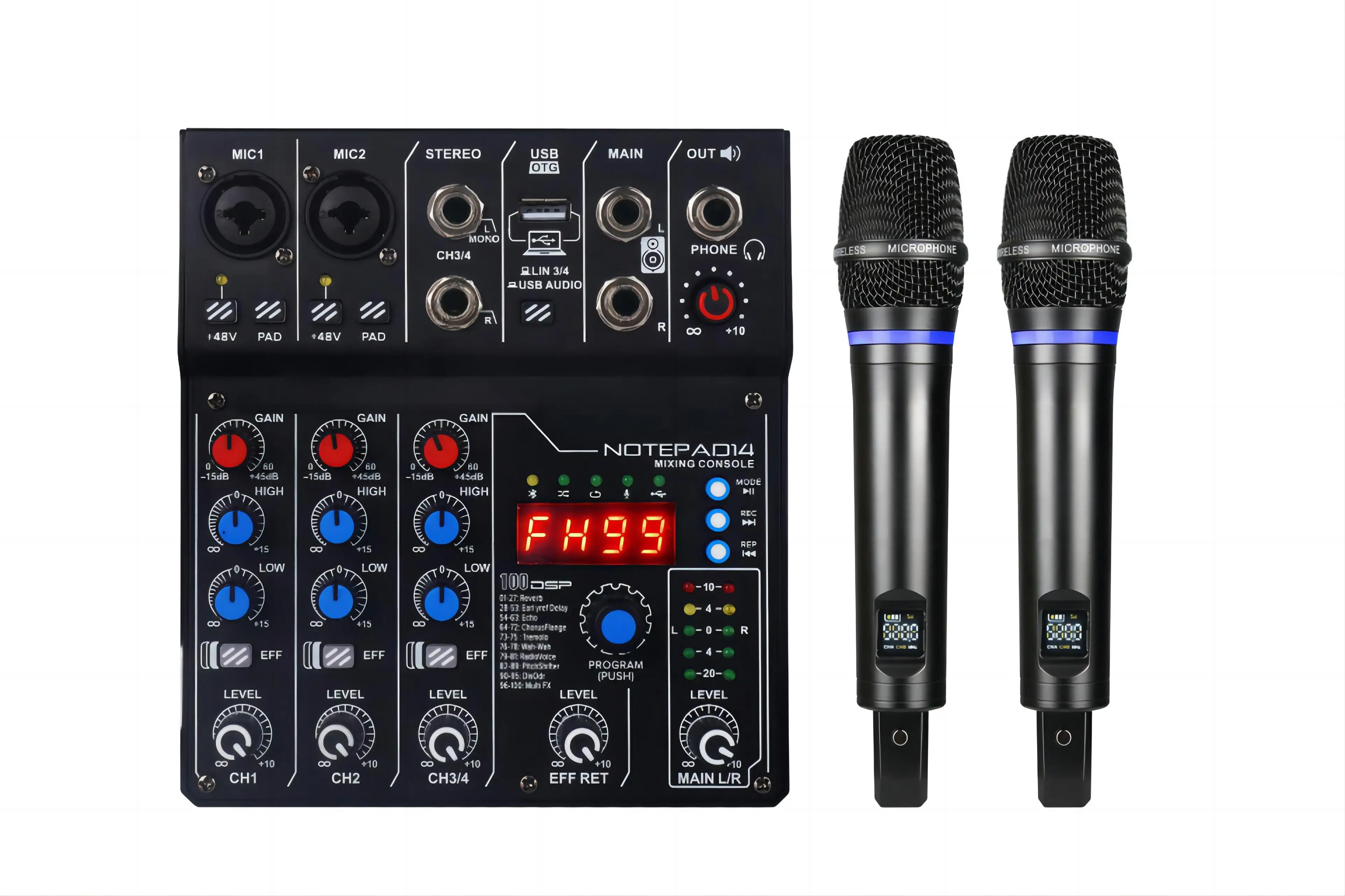 

HOT-DJ Console Mixer Soundcard with Bluetooth 4 Channel UHF Wireless Microphone for Studio Recording DJ Karaoke Sound Card New