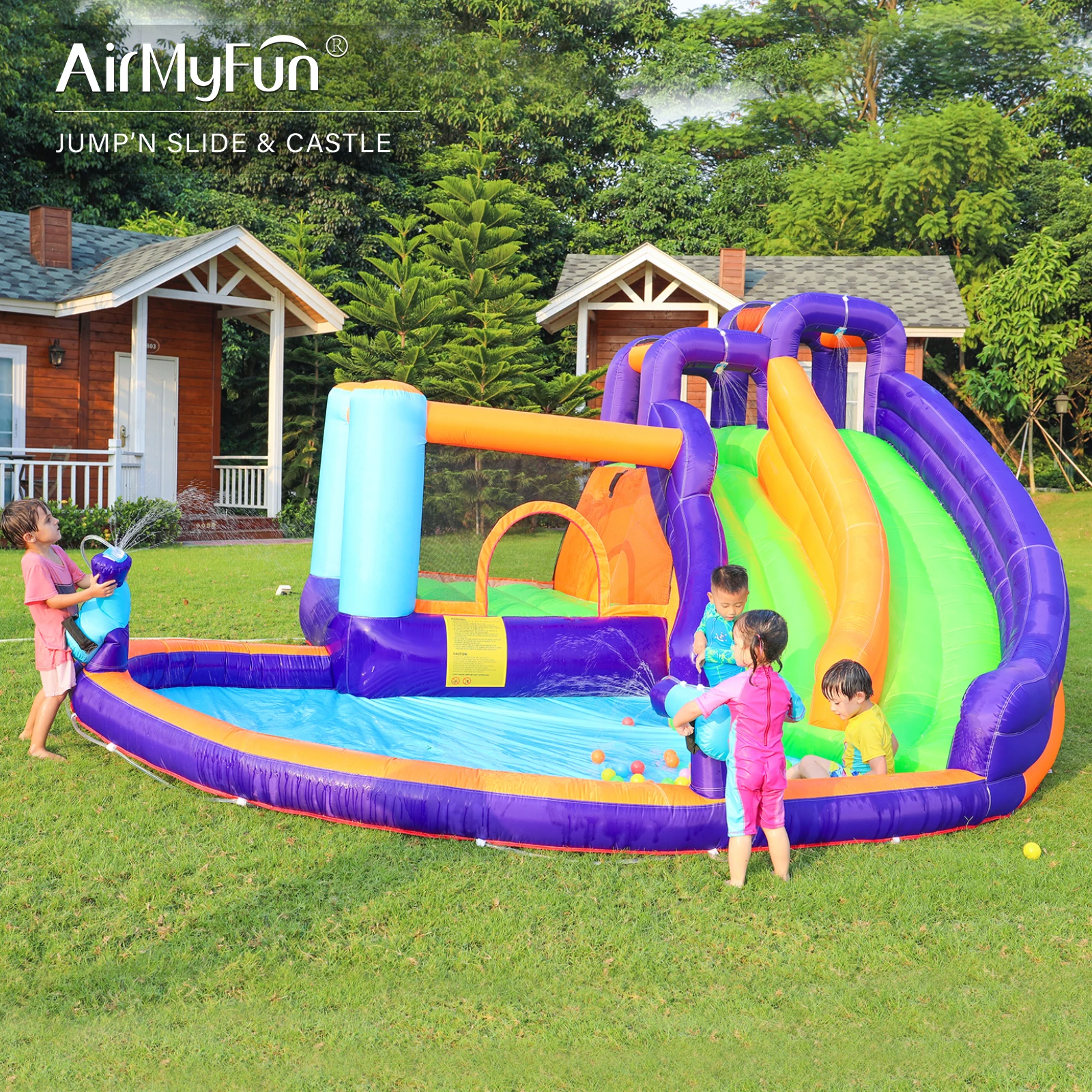 AirMyFun Inflatable Water Slide Park Bounce House for Kids Fun Bounce Area with Long Slide Water Gun Splash Pool and Ball Pool