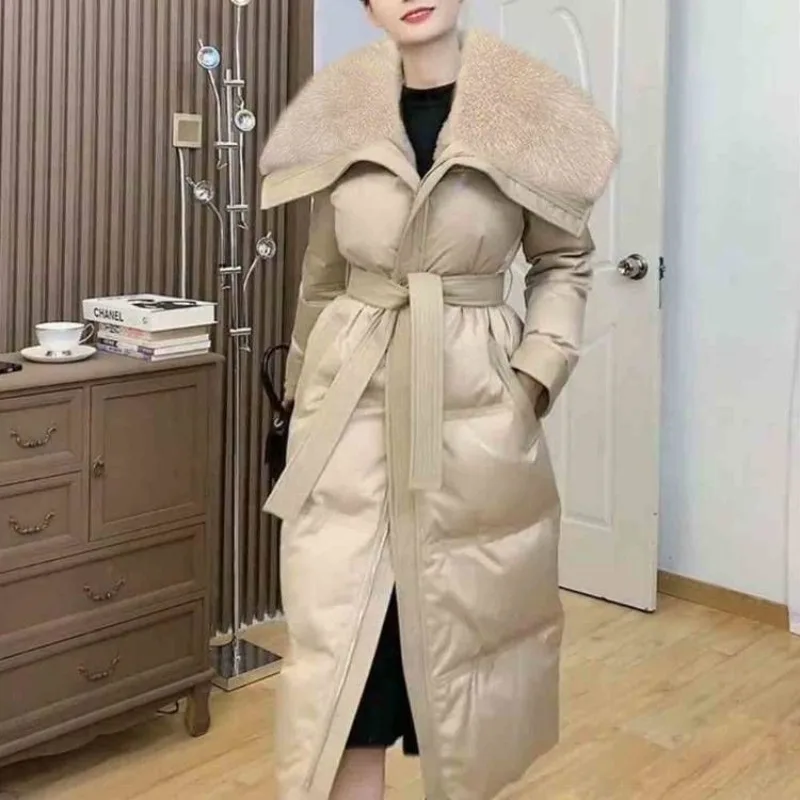 大きな襟のウエストダウンジャケット レディース 冬新作 韓国風 厚手 ゆったり ロング丈 膝丈 ホワイトダックダウンジャケット 上品 通勤
