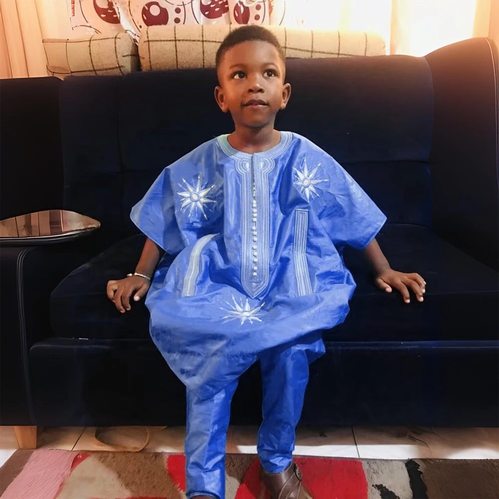 

H&D New African Tradition Clothes For Kids Boys Blue Long Sleeve Tops Embroidery Dashiki Robe Shirt Pant Child Set 2024