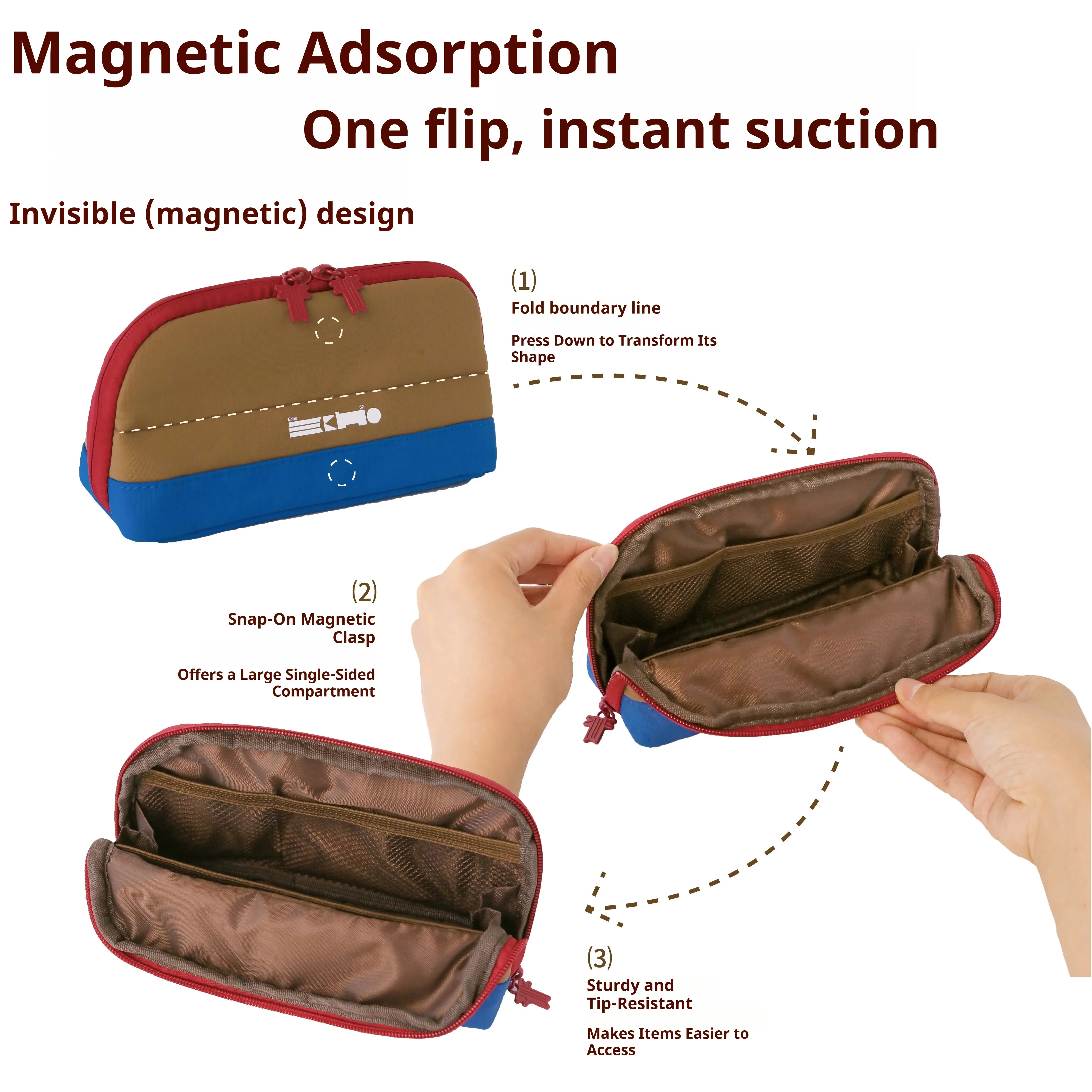 Ins Style Magnetic Standable Pencil Case Large Capacity Color Block Pen Bag,Durable Zipper Stationery Pouch for Students School