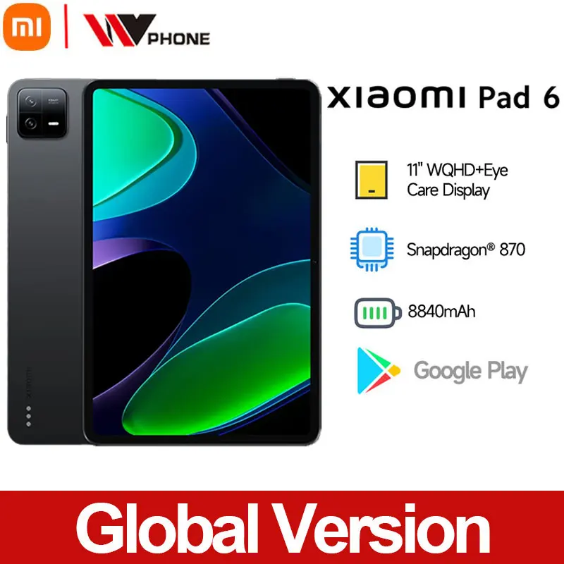 الإصدار العالمي الجديد من Xiaomi Pad 6 11 بوصة WQHD + شاشة العناية بالعين Snapdragon ®   تابلت 870 33 وات شحن سريع 8840 مللي أمبير 144 هرتز كاميرا 13 ميجابكسل