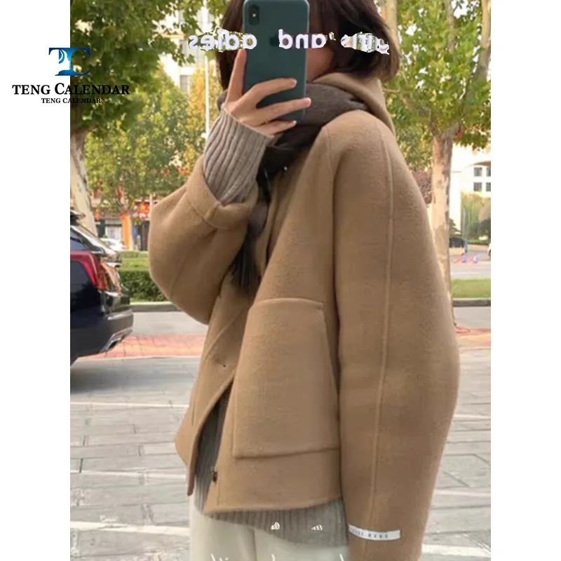 Double-Sided Camel Hooded Jacket for Women, Cool Silhouette Jacket, British Style, Small Style, Autumn and Winter, New, 2024