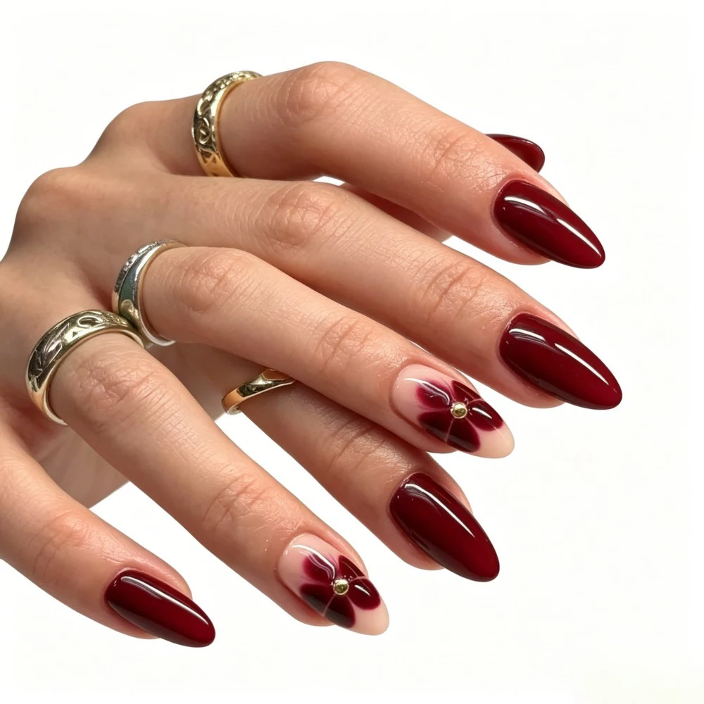 24pcs Set Burgundy Almond Shape Medium Length Solid Color with Floral Golden Dust Design Fake Nails for Women/Girls Women'S Nail view 4