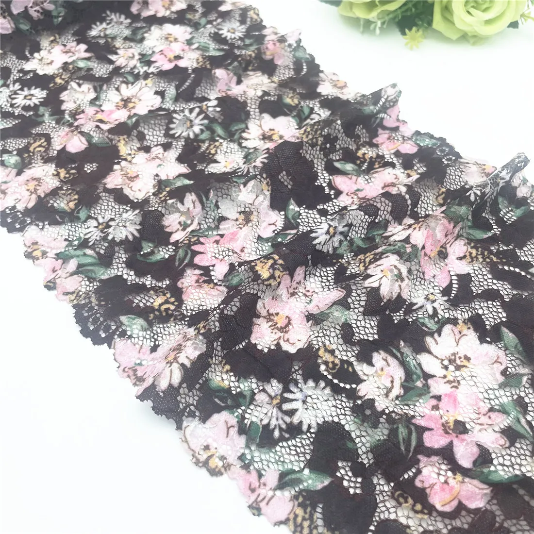 3y/lot Width 24cm Dark Brown With Pink Flower Elastic Stretch Lace Trims For Clothing Dress Sewing Applique Costume Lingerie DIY