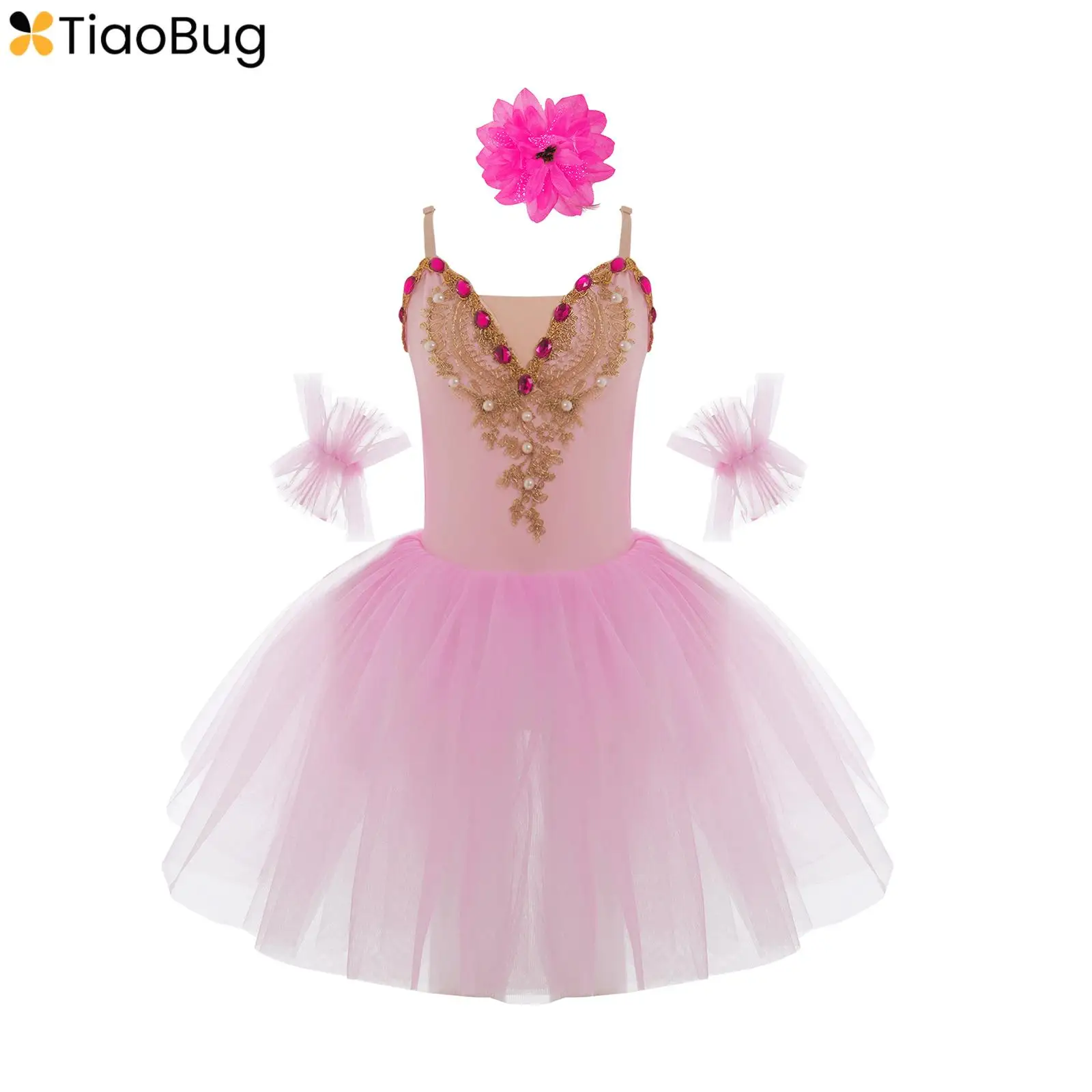 

Kids Girls Sequined Lace Ballet Dance Dress Tutu Skirted Leotards Swan Lake Ballerina Costume Carnival with Hair Clip Set