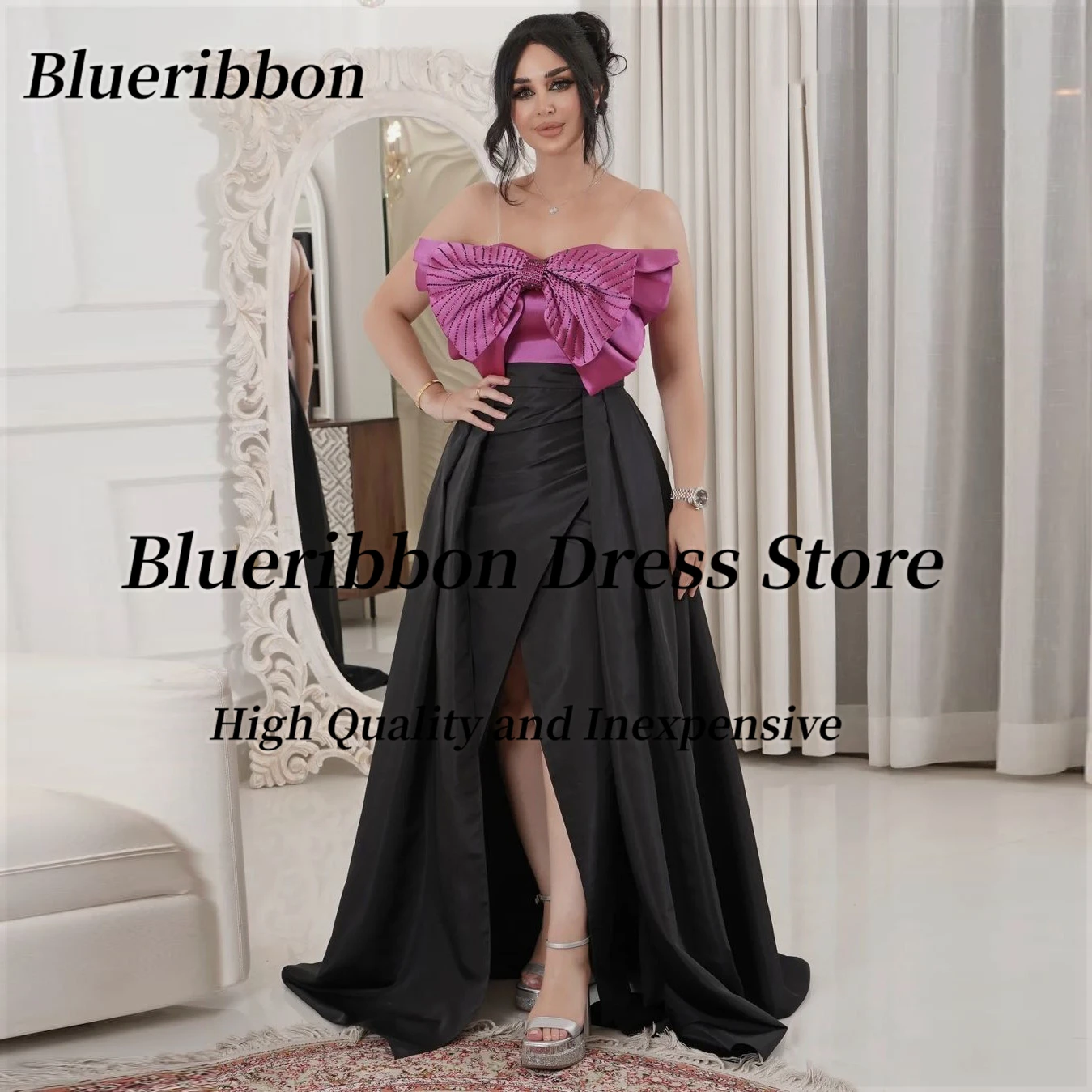 Blueribbon Contrast Color Prom Dresses 2024 Hot Drill Bow Sweetheart Evening Gowns Long SIde Slit Black Wedding Guests Dress