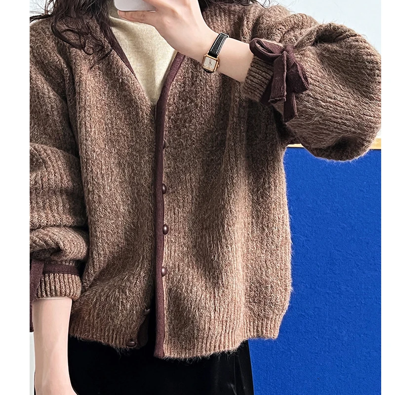 2023 Women New Autumn Knitted V-Neck Single Button Sweater Coat Cardigans Women Beige Sweater Tops Loose Style Coat