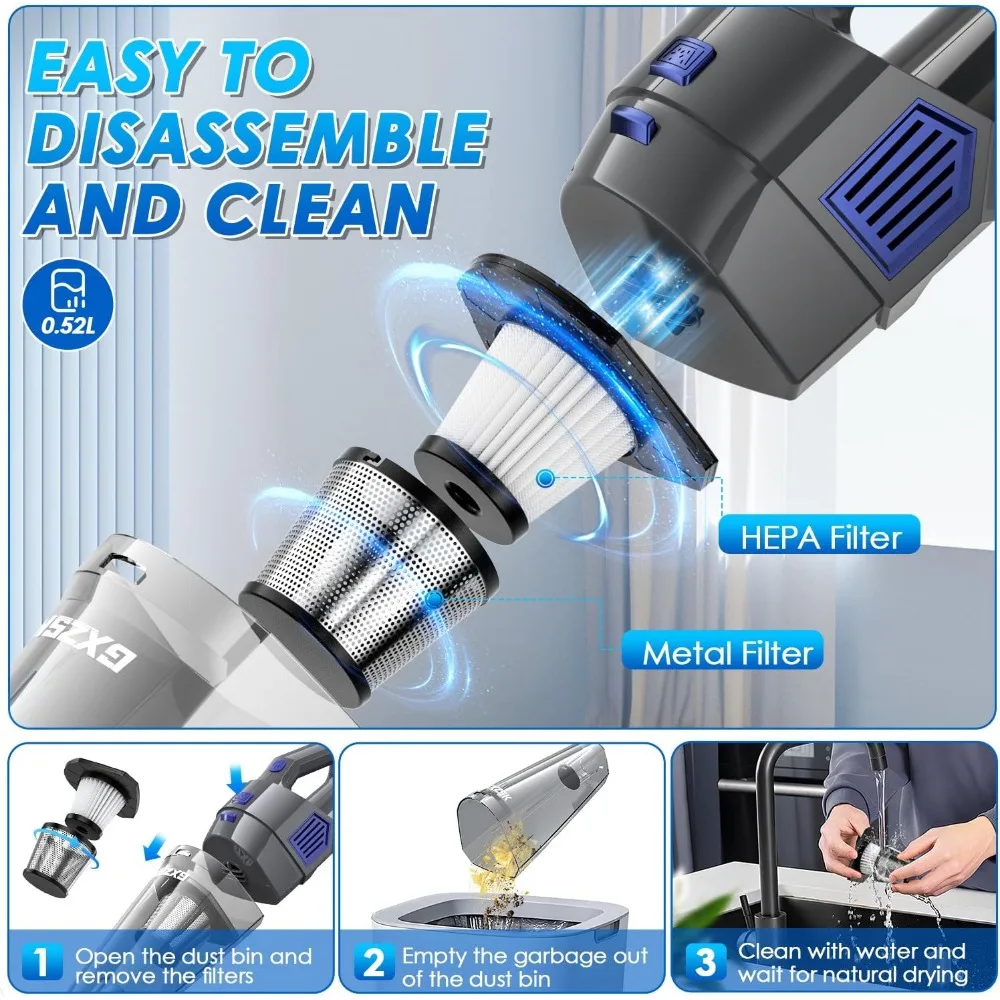 Handheld Vacuum Cordless, 15000PA Strong Suction Hand Held Vacuum Cleaner Rechargeable, Portable Car Vacuum with Multi-Nozzles