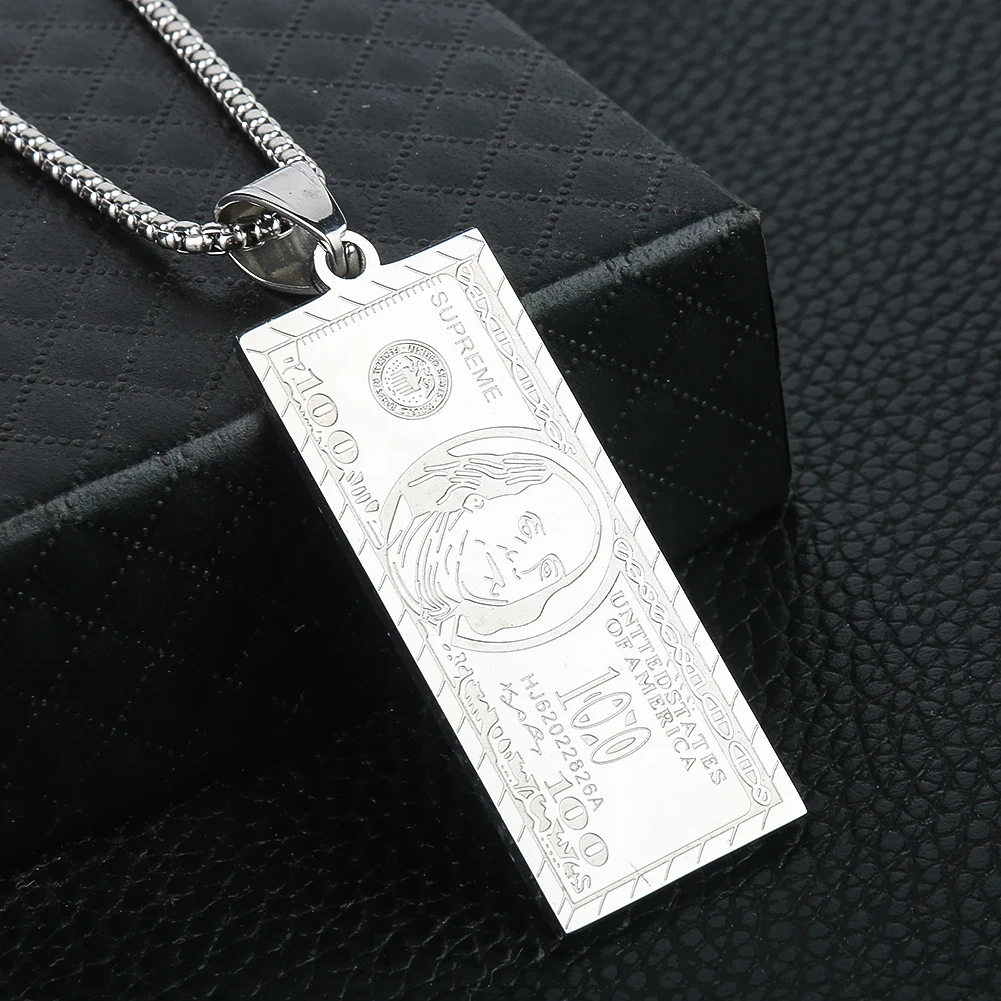 Funny US $100 Dollar Money USD Franklin Portrait Stainless Steel Pendant Necklace Lucky Fortune Collection Charms Mascot Jewelry