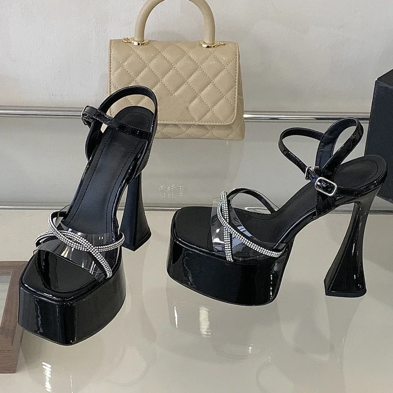 Aneikeh Summer Square Toe Crystal PVC Transparent Women Sandals Fashion Thick High Heels Buckle Strap Party Pumps Shoes