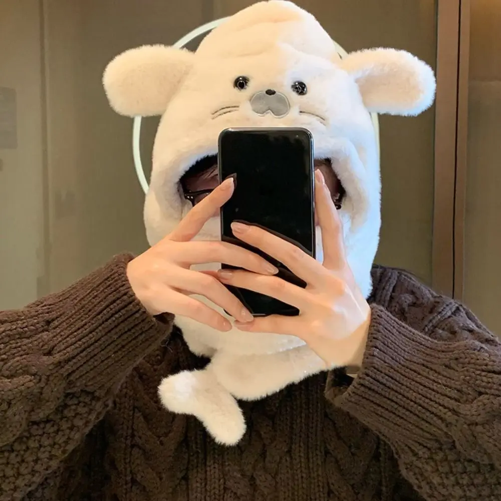 Simple Fleece Seal Plush Hooded Scarf Cute Solid Color Earflap Hat Beanie Soft Winter Cap Female/Girls
