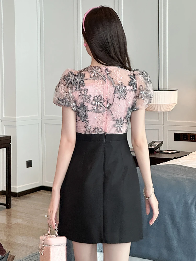 Celebrtiy Sweet Prom Dress Women's Exquisite Pink Bright Shiny Sequins Sheer Lace Mesh Fake 2 Piece Gown Birthday Party Vestidos